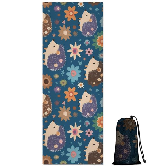 Cute Hedgehog Pattern with Pioneer Flower Hot Yoga Mat Towel Non Slip for Hot Yoga - Quick-Drying Yoga Mat Cover with 4 Corner Pockets with Travel Bag - Hot Yoga Towel Non Slip 70"x26"