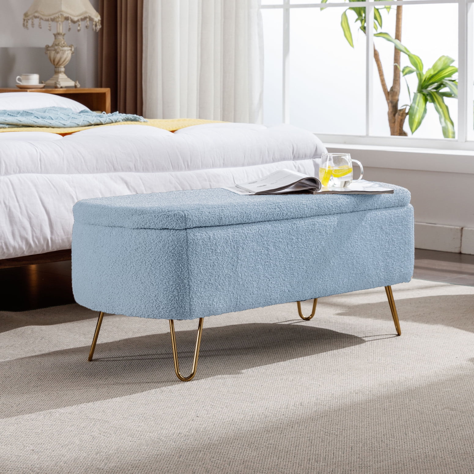 Triple Tree Large Storage Space Ottomans, Faux Fur Blue, 39.37 x 15.75 x 15.50 in, 20.94 lb