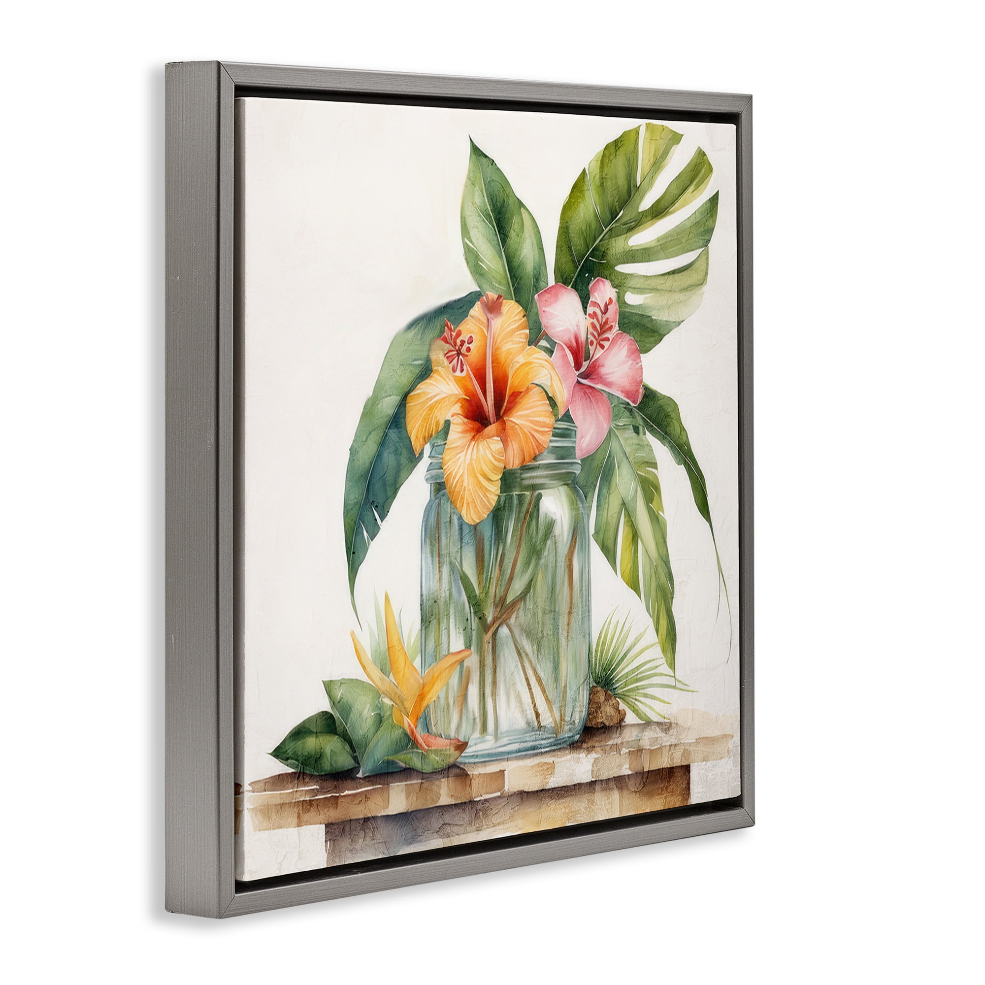 Stupell Industries Tropical Floral Vase Plants & Flowers Painting Gray Floater Framed Canvas Art Print Wall Art, 18 x 18