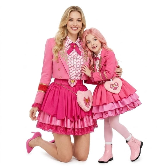 Halloween Princess Pink of Wonderland Cosplay Costume , Halloween Costume Set 5pcs Long Sleeves Jacket, Cute Heart Print Dress, with Accessories, Birthday Halloween Party