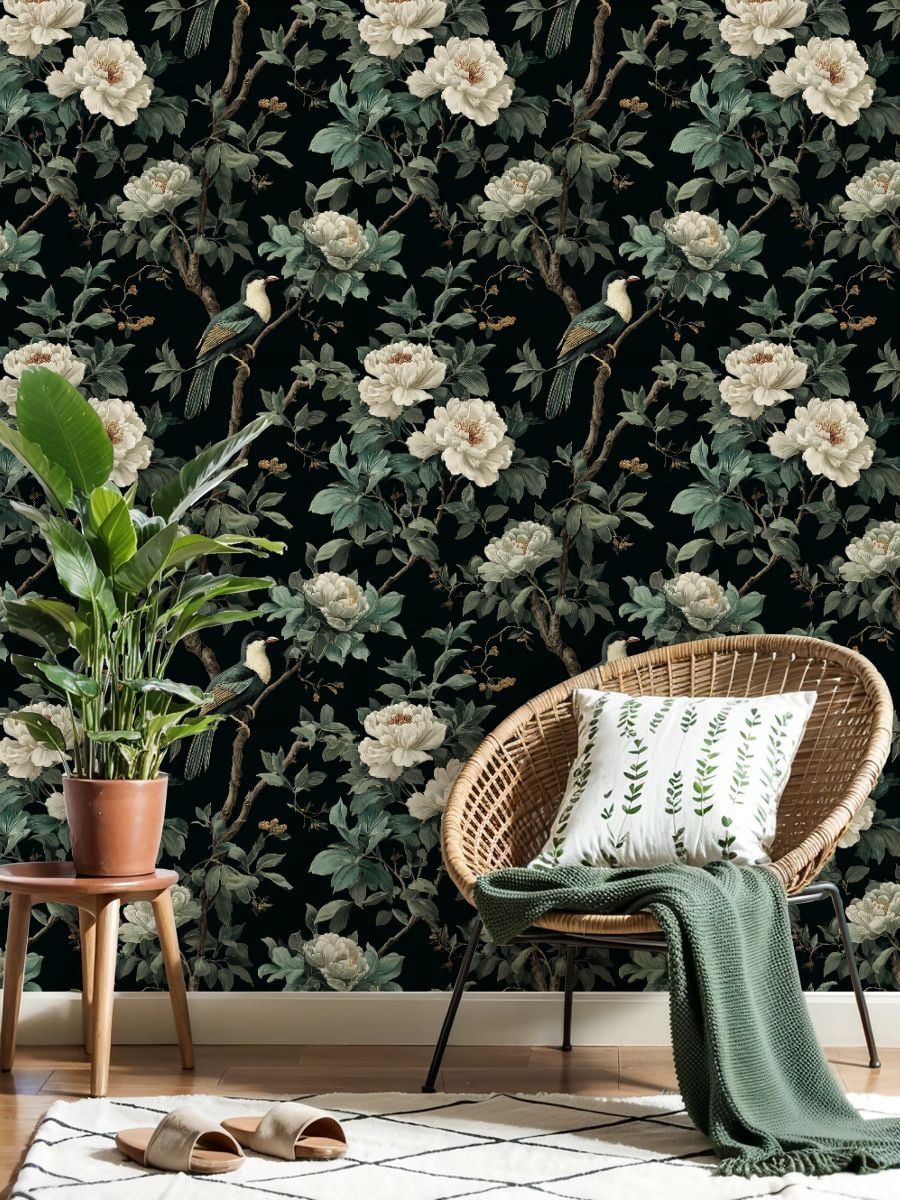 Peel and Stick Wallpaper Vintage Botanical White Peonies Birds Dark Green Wall Mural 23.6in x 9.8ft Self Adhesive Removable Wall Paper Renter Friendly Wallpaper for Girls Women Bedroom Livingroom