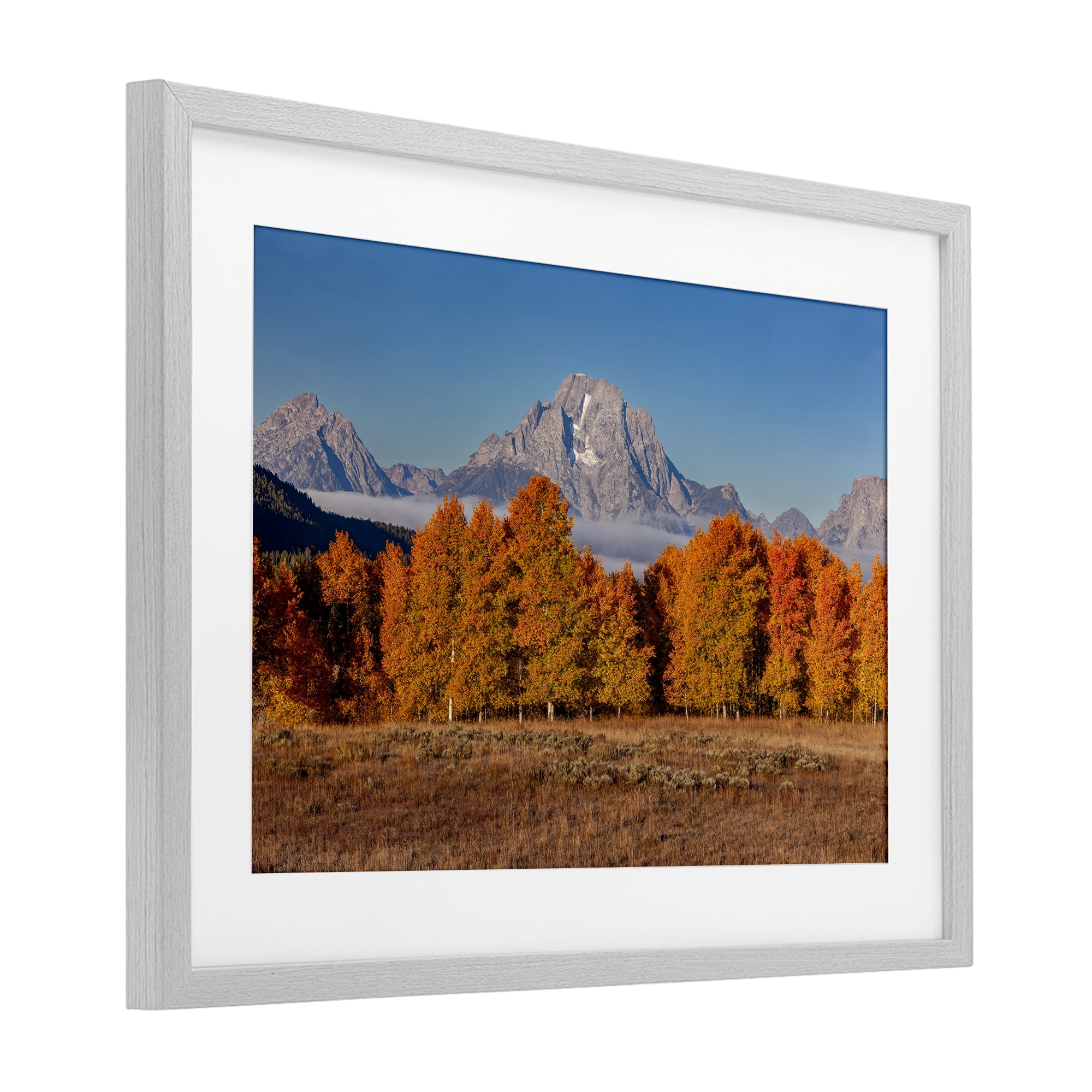 Autumn Tree Line With Mountain Gray Framed Print Under Glass, design by Shelley Carlisle