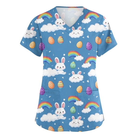 LTTVQM Easter Scrub Tops Women Plus Size Bunny Eggs Print Cute Short Sleeve Shirts Casual V Neck Vacation Tops with Pockets Dark Blue 3XL