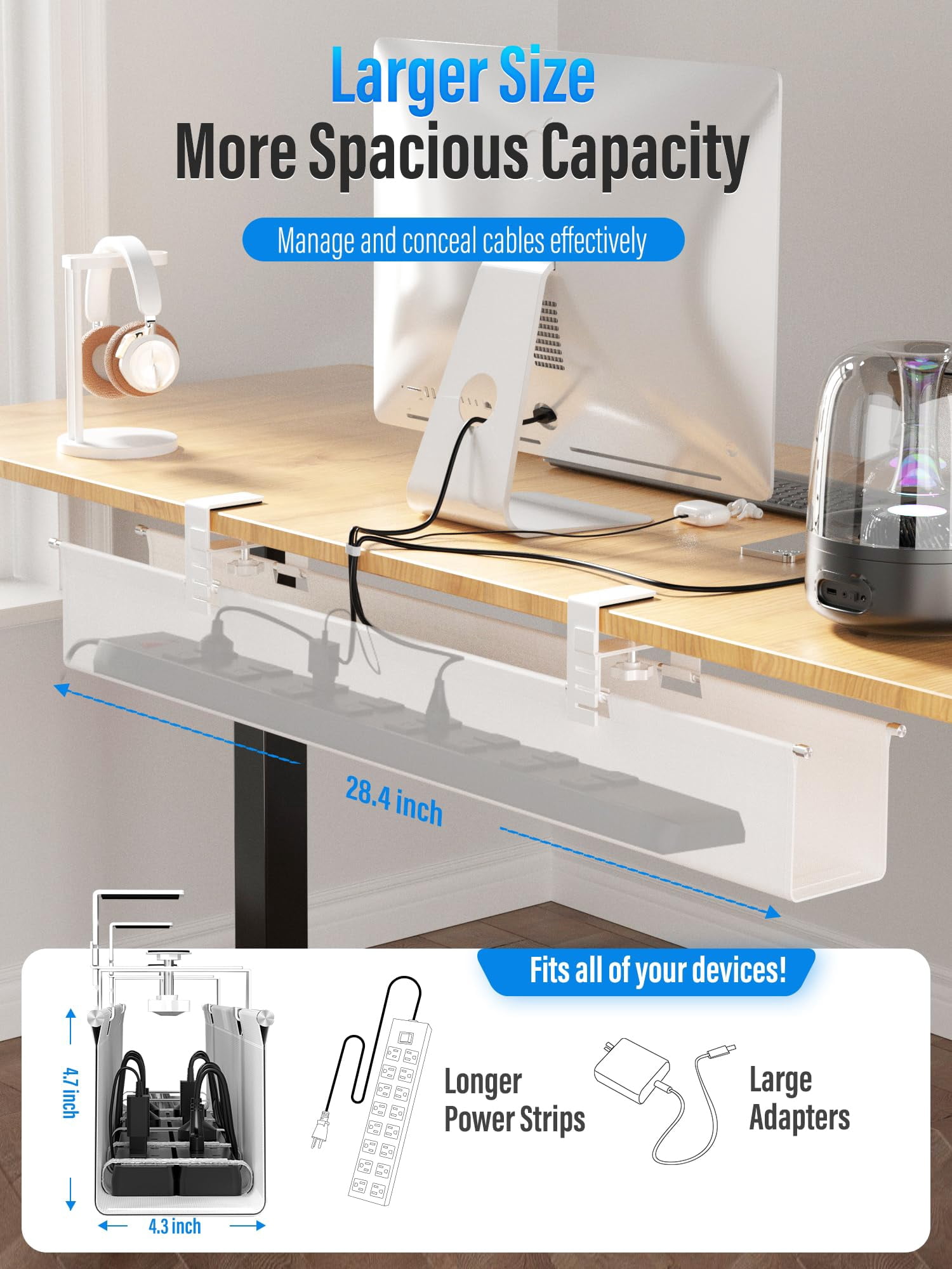 [upgraded] Large Under Desk Cable Management Tray  No Drill 28.4" Fabric Cord Hider For Wire Organizer Office Home - Supports Up To 30lbs White