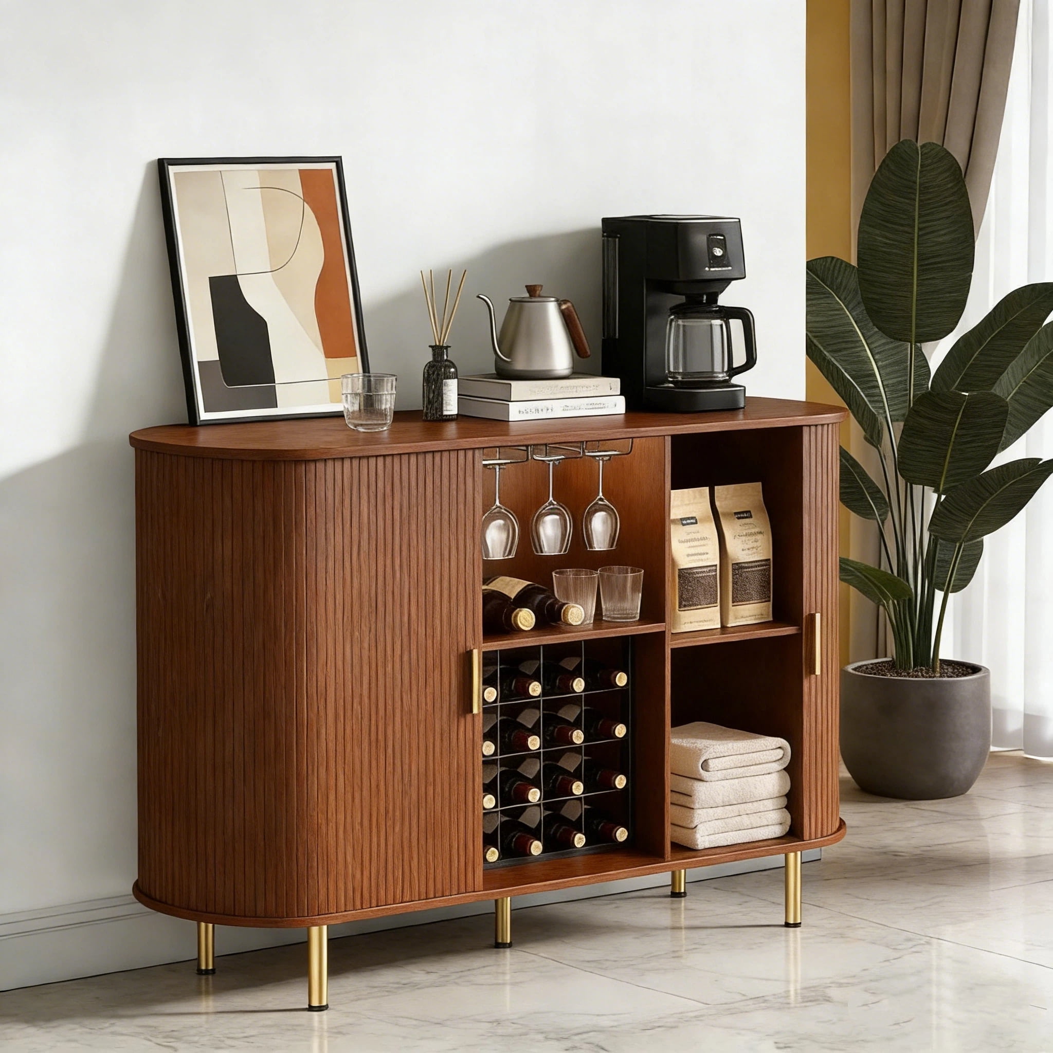 Aisword 55" Wine Bar Cabinet with Storage, Fluted Liquor Coffee Bar Cabinet with LED Lights, Buffet Sideboard, Walnut