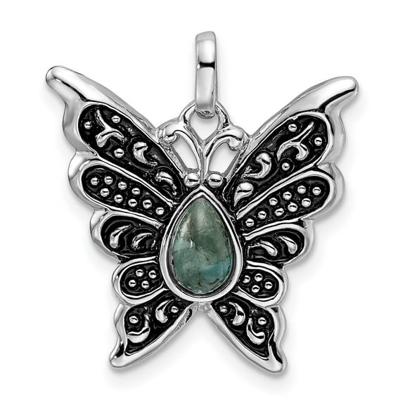 Sterling Silver Butterfly Pendant Necklace for Women with Filigree Wings and Teardrop Green Stone, Nature Inspired Boho Spiritual Jewelry, Oxidized Symbolic Artisanal Design