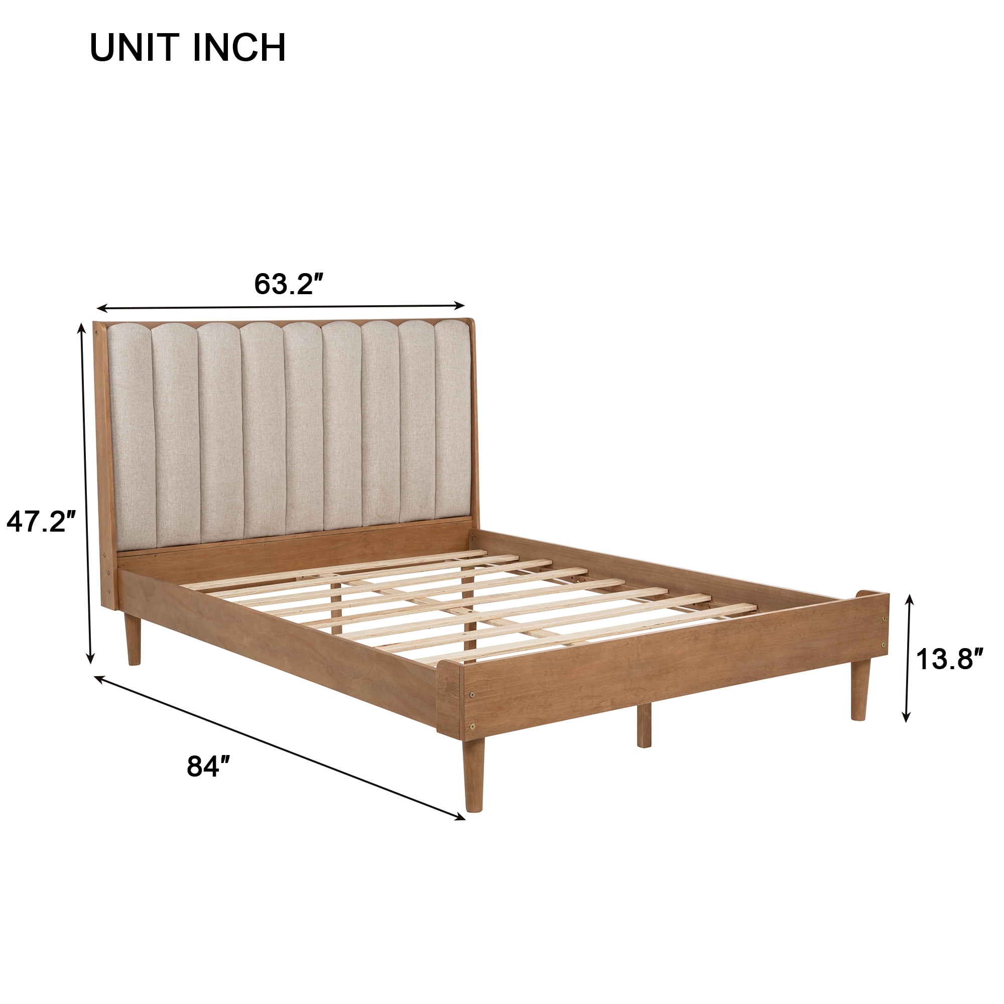 HOQBN Queen Size Wood Bed with Piano Key Style Upholstered Headboard , Wood Bed with Strengthened Bed Frame, Wheat