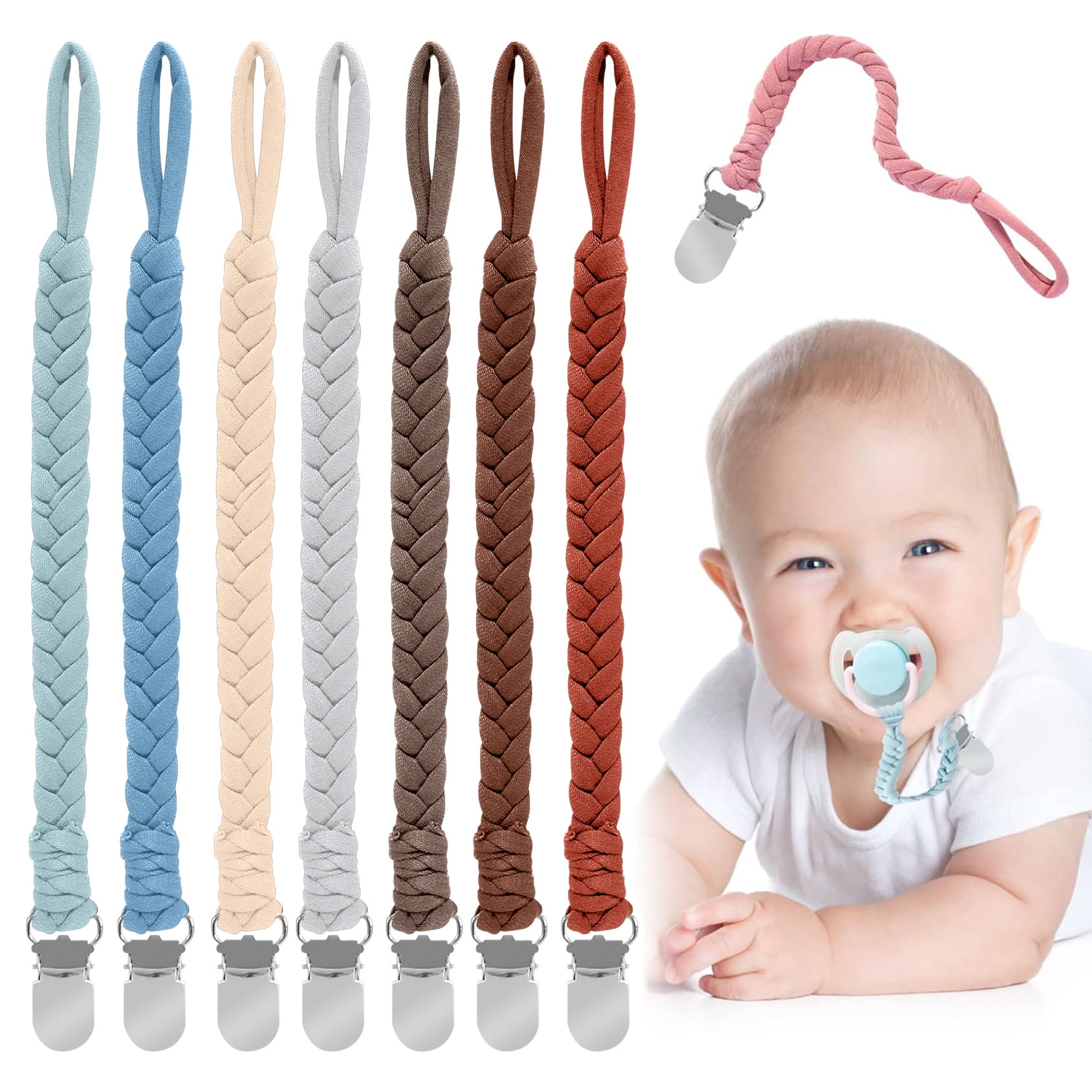 Handmade Braided Cotton Pacifier Holders for Baby Boys and Girls, Viaky 8 Packs 8 Color Pacifier Clip Infant Modern Unisex, Smoother Prevent Falling Clip for Teething Toy Fit All Pacifiers 0-6 Month