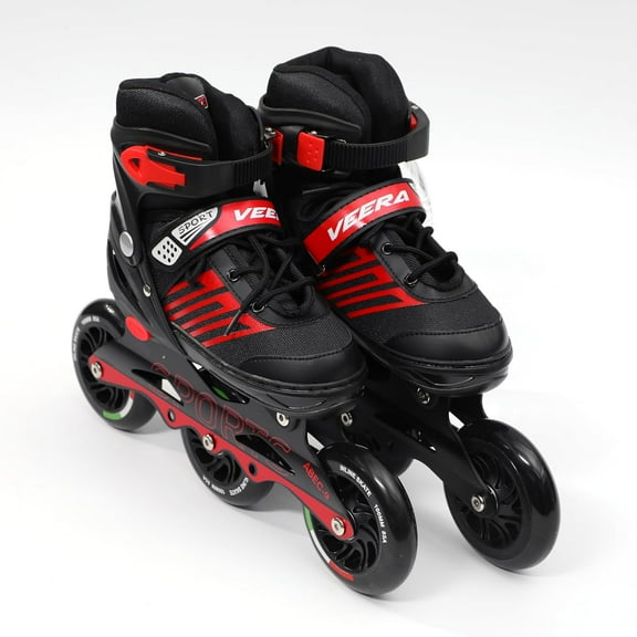 Veera Large Size Inline Skates | 3 Wheels Adjustable Skating Shoes For Unisex Kids | 100 Mm Pu Wheels With Abec-9 Bearing | Age Group 15 To Red