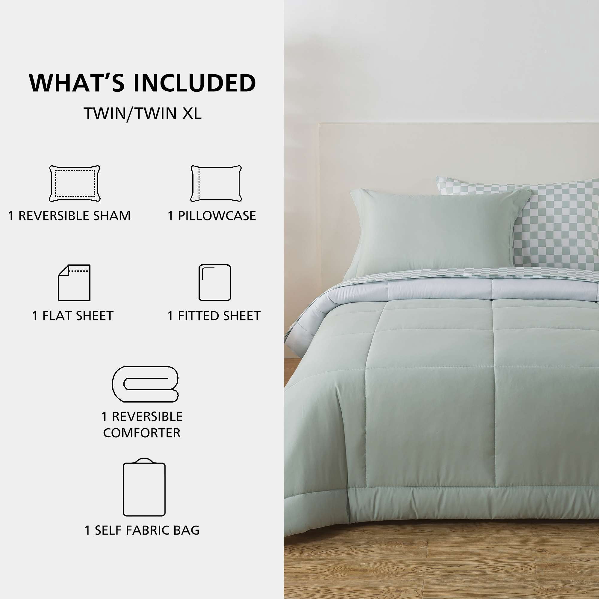 Mainstays Reversible Comforter and Sheet Set, 5-Piece Bed-in-a-Bag, Twin, Sage