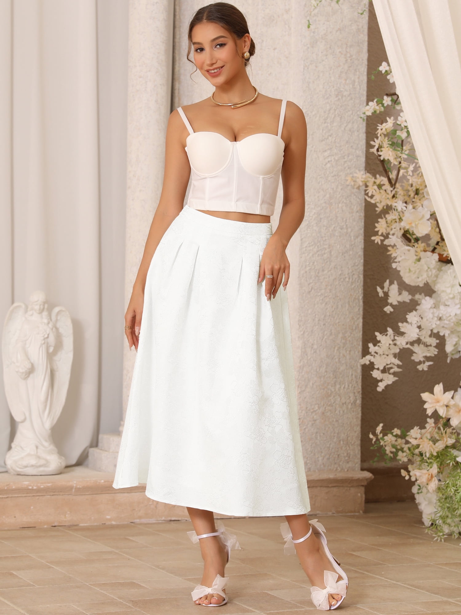 DARING DIVA Womne's Floral Jacquard Midi Skirt with Design Large White