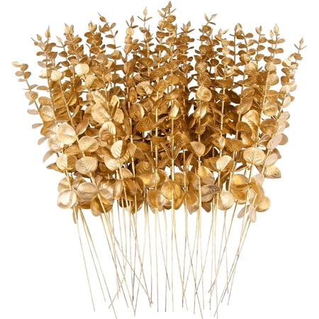 TETOU 36Pcs Gold Artificial Eucalyptus Stems, 15 inch Fake Eucalyptus Leaves Decor for Vase Wedding Bouquet Home