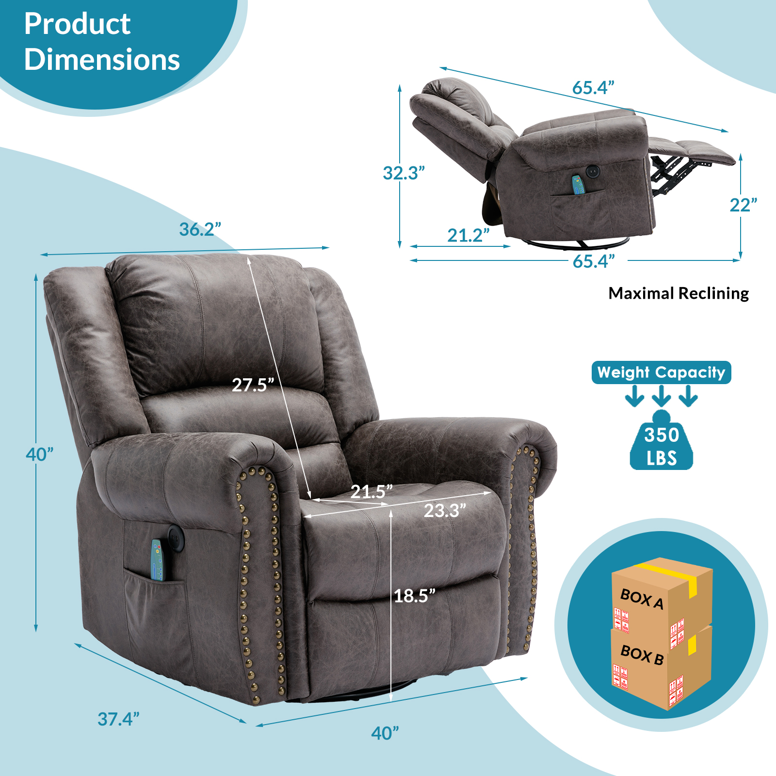 OUINCH Bronze Suede-Like Fabric Swivel Glider Rocker Recliners with Massage and Heat, Grey