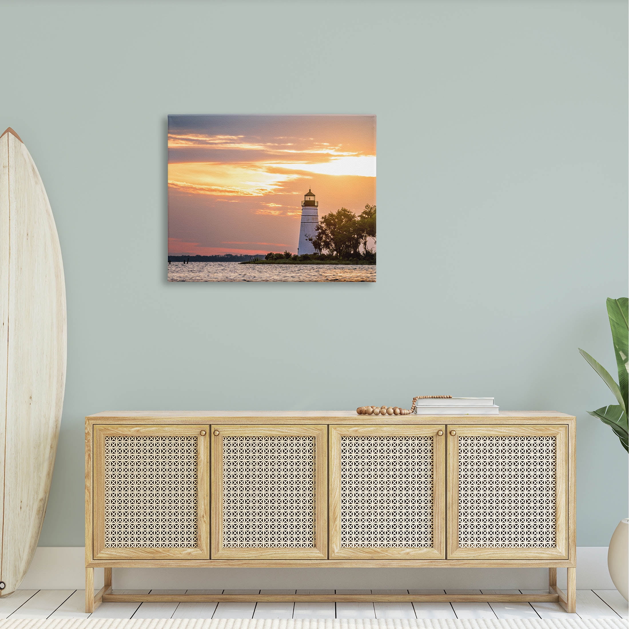 Nautical Lighthouse Sunset Horizon Coastal Photograph Gallery Wrapped Canvas Print Wall Art