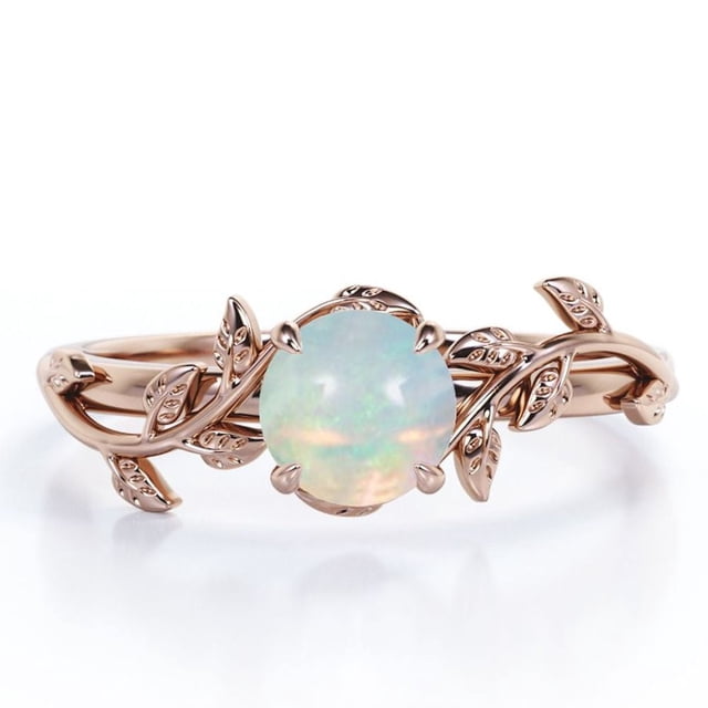 JeenMata Anillo de Compromiso Solitario de Cuatro Puntas con Diseño Botánico de Ópalo Australiano Redondo de 0,5 Quilates Chapado en Oro Rosa de 18 K sobre Plata