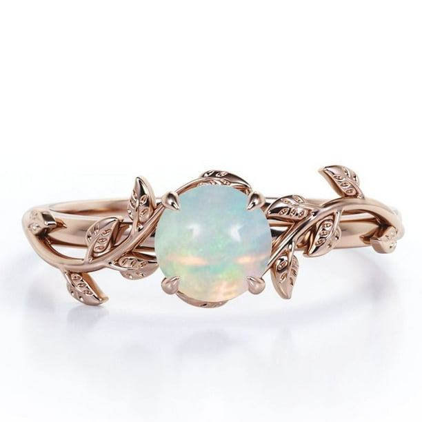JeenMata Anillo de Compromiso Solitario de Cuatro Puntas con Diseño Botánico de Ópalo Australiano Redondo de 0,5 Quilates Chapado en Oro Rosa de 18 K sobre Plata