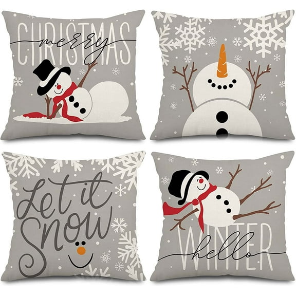 Gray Christmas Pillow Covers, Snowman Throw Pillow Case, Let It Snow Merry Christmas Hello Winter Cushion Cover Case, for Home Farmhouse Couch Sofa Car, 18 x 18, 4Pcs