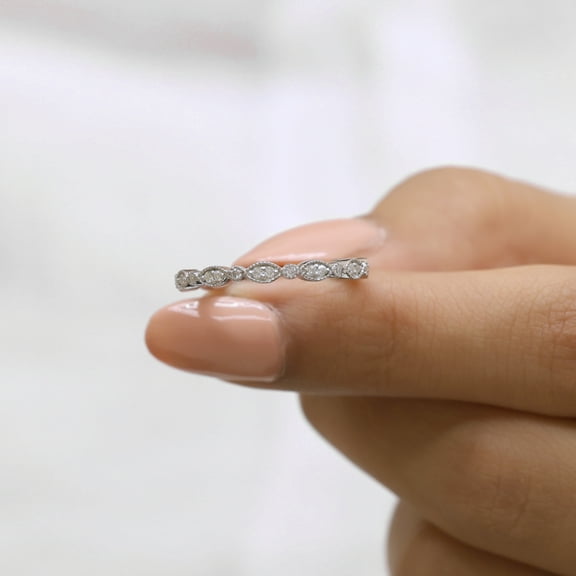 VINSON 1.20 MM Round Brilliant Cut Marquise Shaped Milgrain Moissanite Diamond Wedding Band - Stackable Matching Band