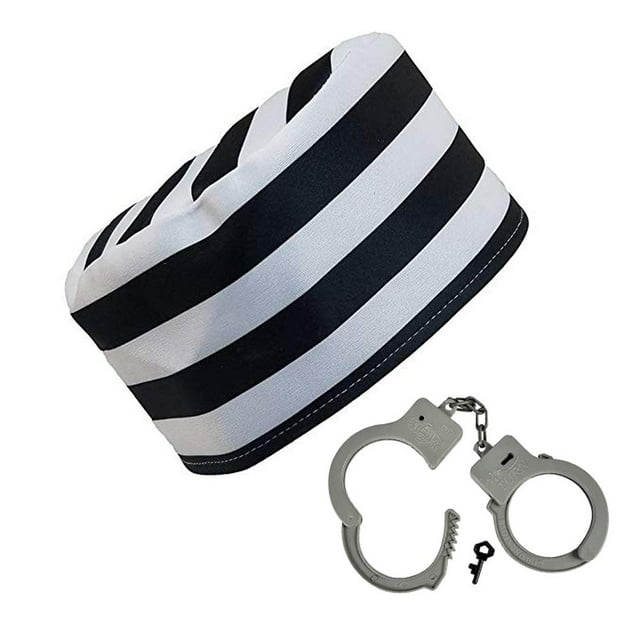 Adult Prisoner Hat with Plastic Handcuffs Costume Set White
