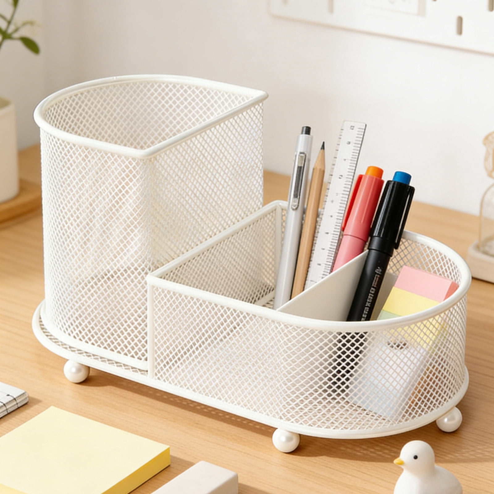Large Capacity Pen Stationery Organizer Storage Basket - Metal Mesh Desktop Holder, Two Tier Compartment Design, Versatile Office Study Desk Accessory