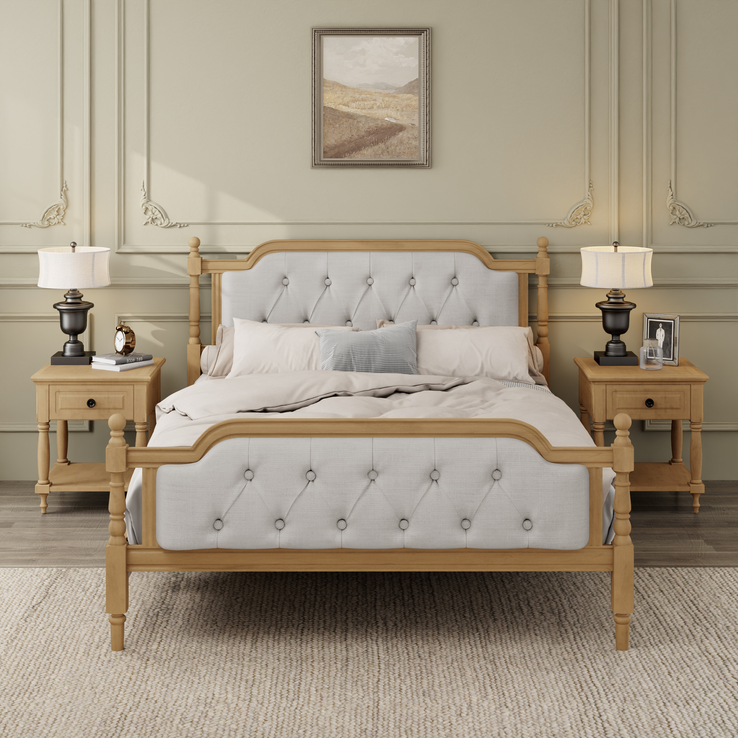 Euroco Traditional Wood Full Size Platform Bed with Upholstered Tufted Headboard, Walnut