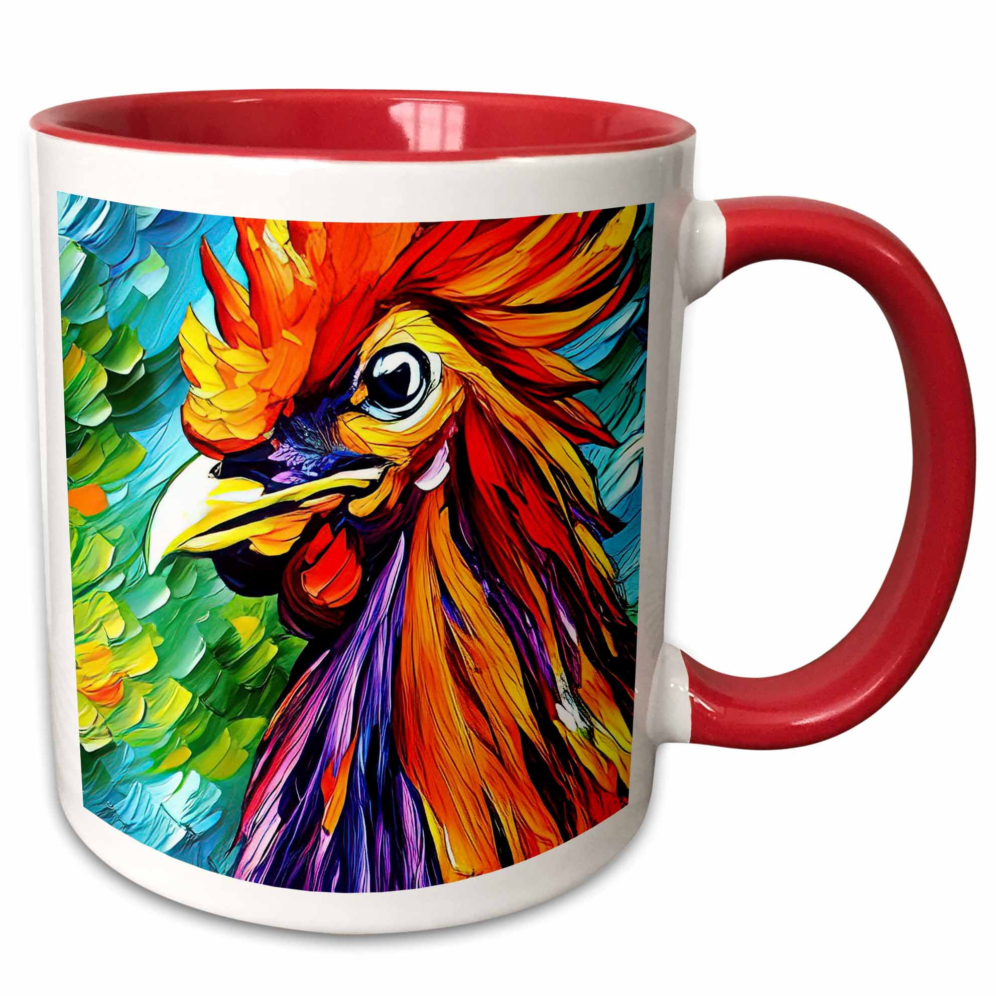 3drose Cool Colorful Rooster Portrait. Chic Digital Painting Gift Card 11oz Two-tone Red Mug