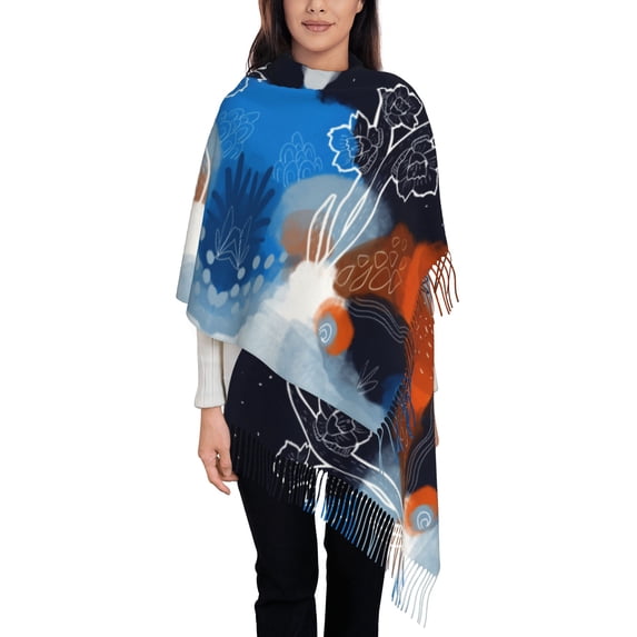Women's Fashion Tassel Scarf, Watercolour Abstract Flower Long Shawl, Lightweight and Warm