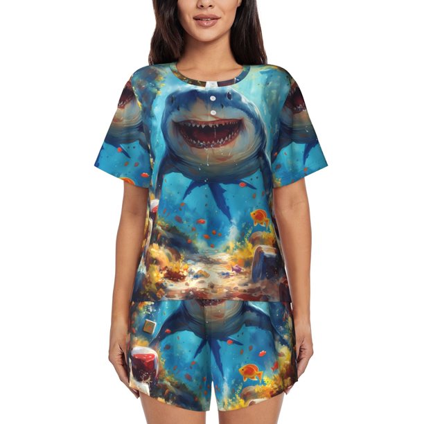 Fotbe Colorful Underwater Shark Conjunto de Pijama Estampado para Mujer, 2 Piezas, Ropa de Dormir con Camiseta de Manga Corta y Shorts Suaves-X-Large