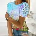thumbnail image 2 of ibuvkizy Lace Tops for Women Fashion Summer T-Shirt Blouse Casual Round Neck Leisure Short Sleeve Printed Lace Stitching Tops Multicolor S, 2 of 5