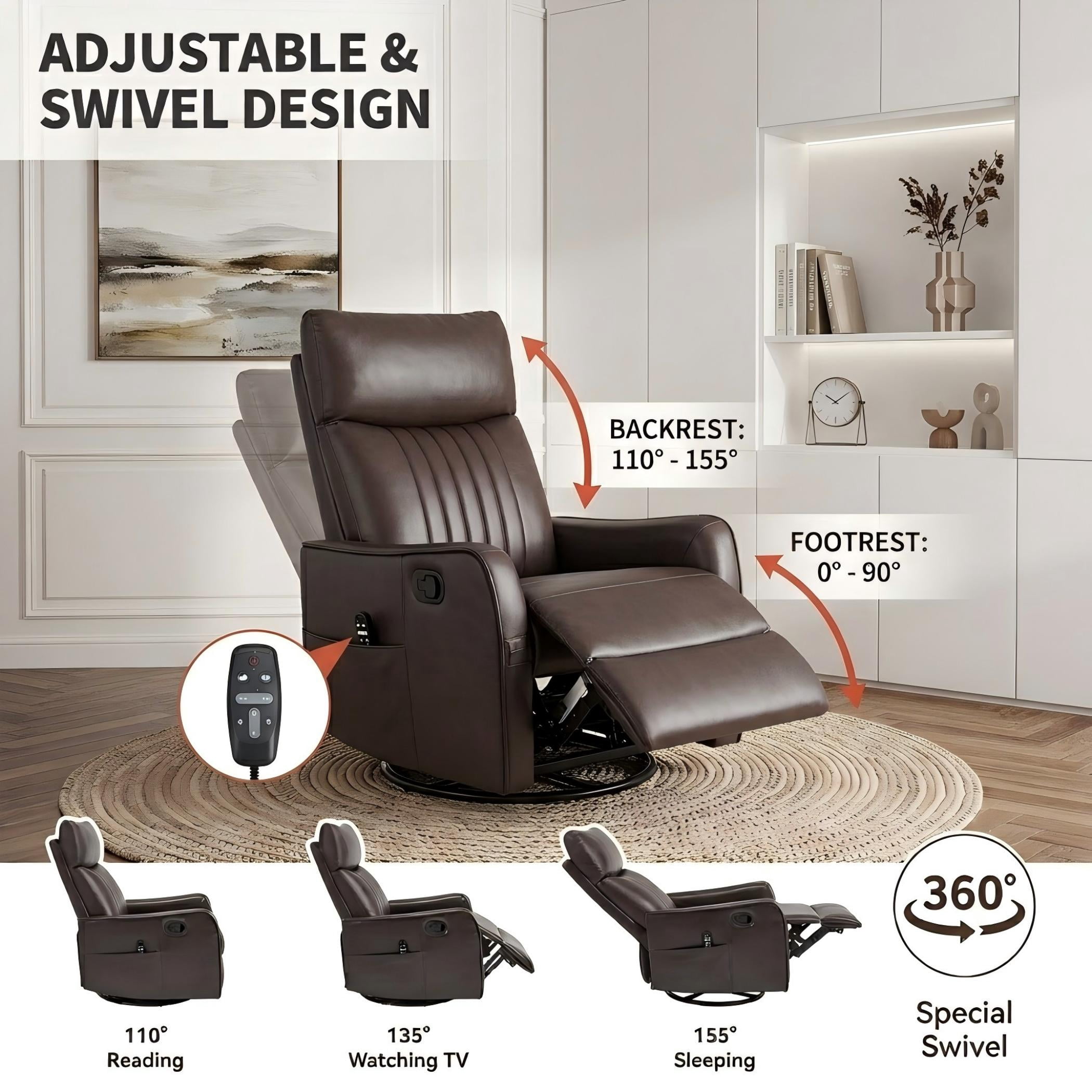 Aukfa Massage Recliner Chair with Heat, Faux Leather 360° Swivel Rocker Recliner, Overstuffed Manual Reclining Glider Chair with Vibration, Espresso