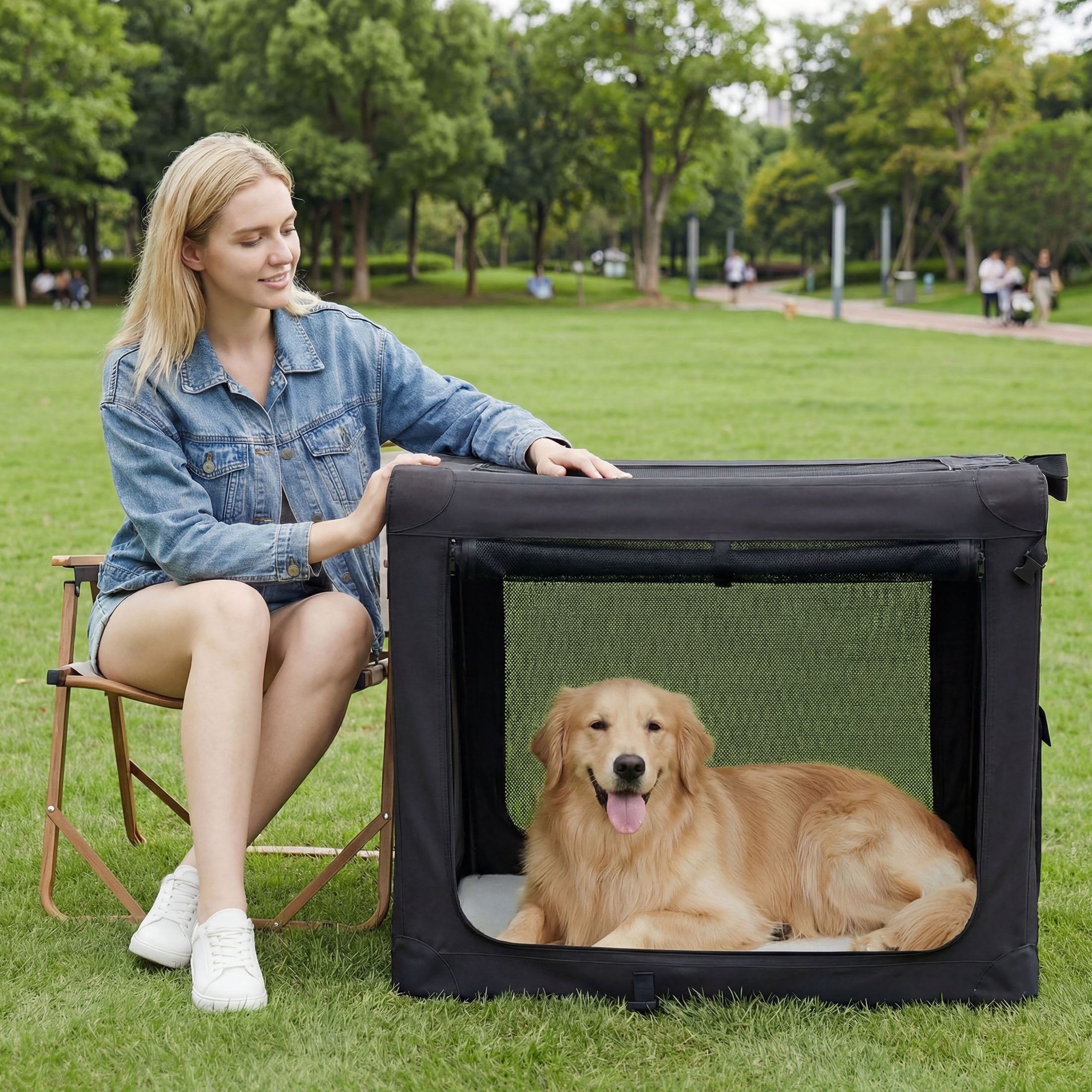 edx 42 Inch Portable Foldable Dog Crate for Extra Large Dog, 3-Door Soft Pet Airline Approved Crate with Storage Bag & Washable Pad, Up To 80Lbs, For Indoor Outdoor Dog/Cat/Pet Kennel Carrier, Black