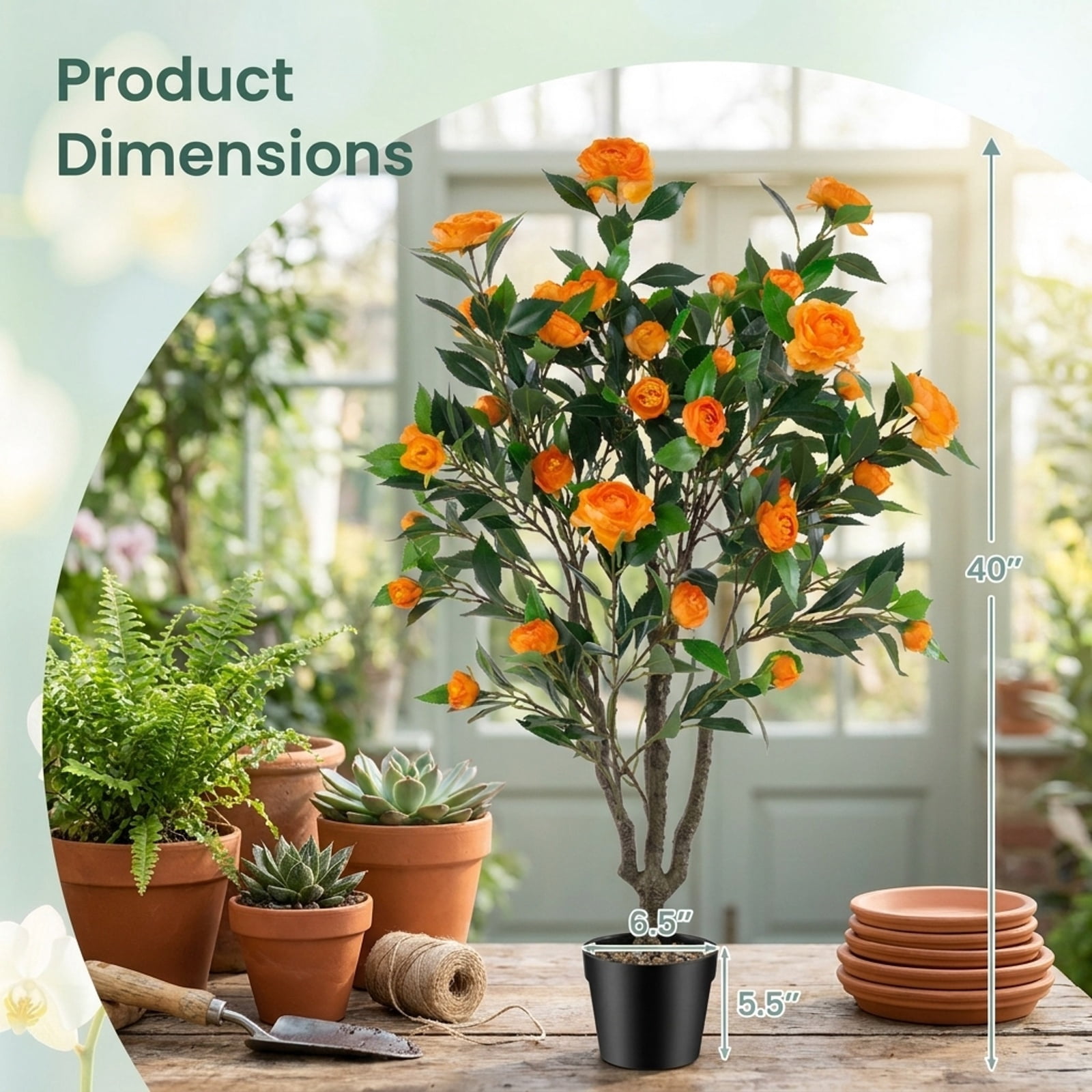 Vebreda 40 in Artificial Camellia Tree 2-Pack, Faux Potted Flowering Plant with 37 Silk Camellias, River Stones, and Cement-Filled Pot, Indoor Home Office Decor, Green