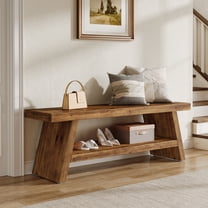 2-Tier Shoe Bench with Storage,  Solid Wood Seating  Bench with Open Shelves, Solid Wood Shoe Bench Indoor for Entryway, Living Room, Bedroom, Rustic Brown