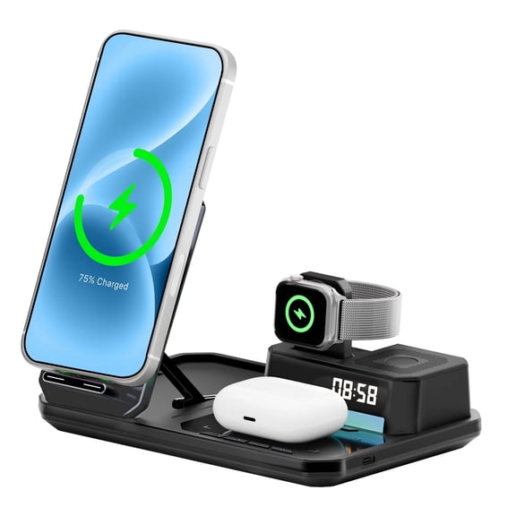 Wireless Charger for iPhone 17 16 15 14 13 12, 6 in 1 Charging Station for iWatch Series, for AirPods 4 3 2, with Clock, Bluetooth, Ambient Light