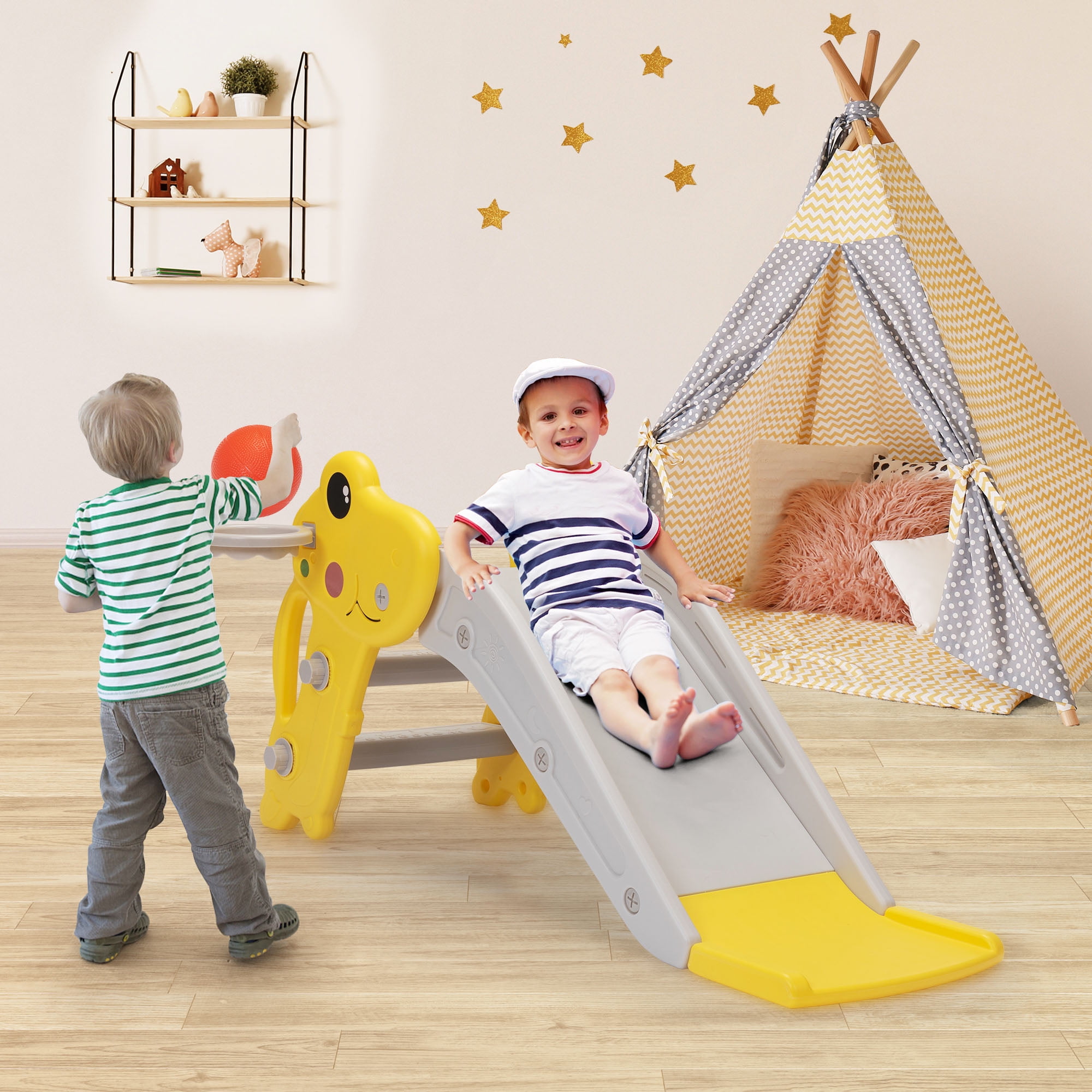 Kadyne 3 in 1 Toddler Slide Kids Slide, 42.9" Frogs Play Slide for Outdoor and Indoor, Play Slide with Basketball Hoop, Ball and Ladder, Yellow+Gray Kadyne 3 in 1 Toddler Slide Kids Slide, 42.9" Frogs Play Slide for Outdoor and Indoor, Play Slide with Basketball Hoop, Ball and Ladder, Yellow+Gray
