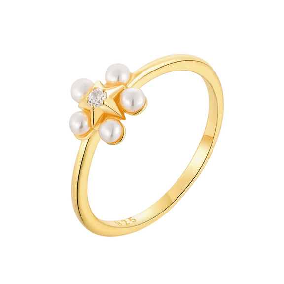 Round Button Natural Pearl and Lab-Created Diamond Star Engagement Ring in 925 Sterling Silver – Elegant Design, Eco-Friendly Craftsmanship, and Timeless Charm for Her