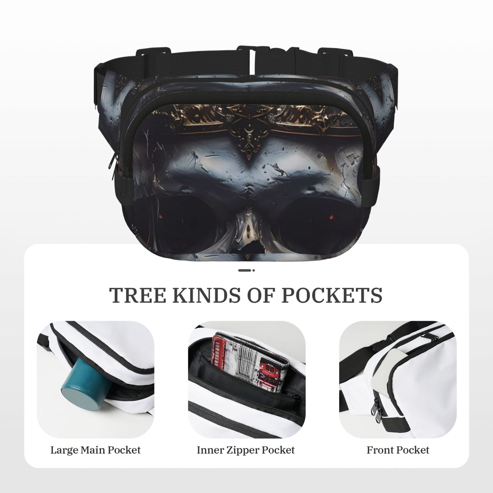 Picia Royal Skull With Golden Crown Print Square Double-Layer Waist Bag Mini Adjustable Waist Belt Bag Exercise Running Travel Hiking