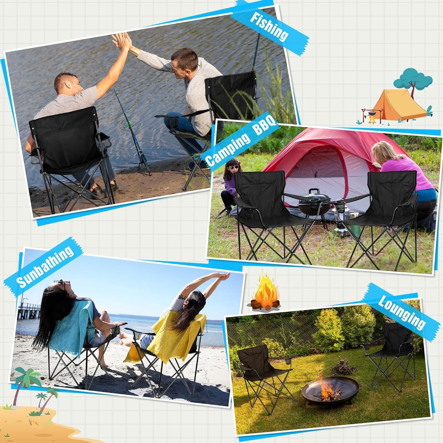 Foldable Camping Chair Set of 2, Folding Camp Chairs for Adults, Large Portable Lawn Chair for Outdoors Fishing, Hiking, Travel, Picnic, Beach, Supports 275lbs & Include Storage Bags