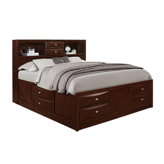 Pemberly Row New Merlot Wood King Bed with Storage and Bookcase