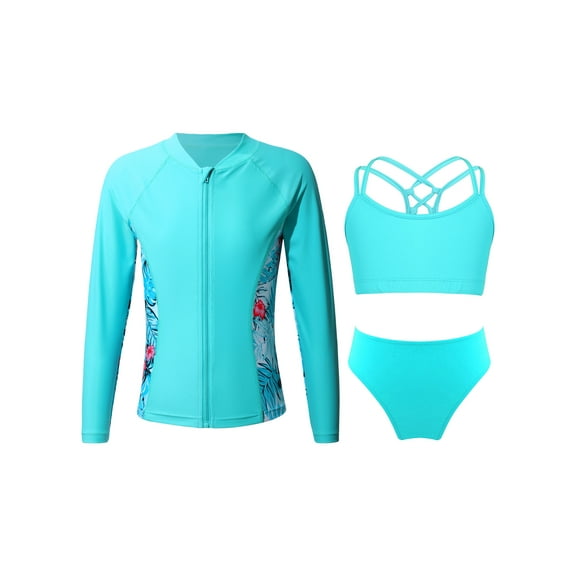 CHICTRY Girls Rash Guard Set Long Sleeve Zipper Tops with Strappy Crop Top Briefs for Beach Pool Swimming Lake Green 6