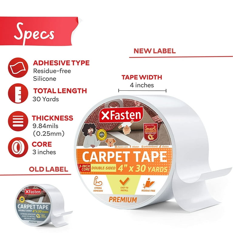 XFasten Double Sided Carpet Tape for Area Rugs and Carpets, Removable, 4 Inches x 30 Yards Super Strong and Heavy-Duty Rug Tape for Carpet to Floor