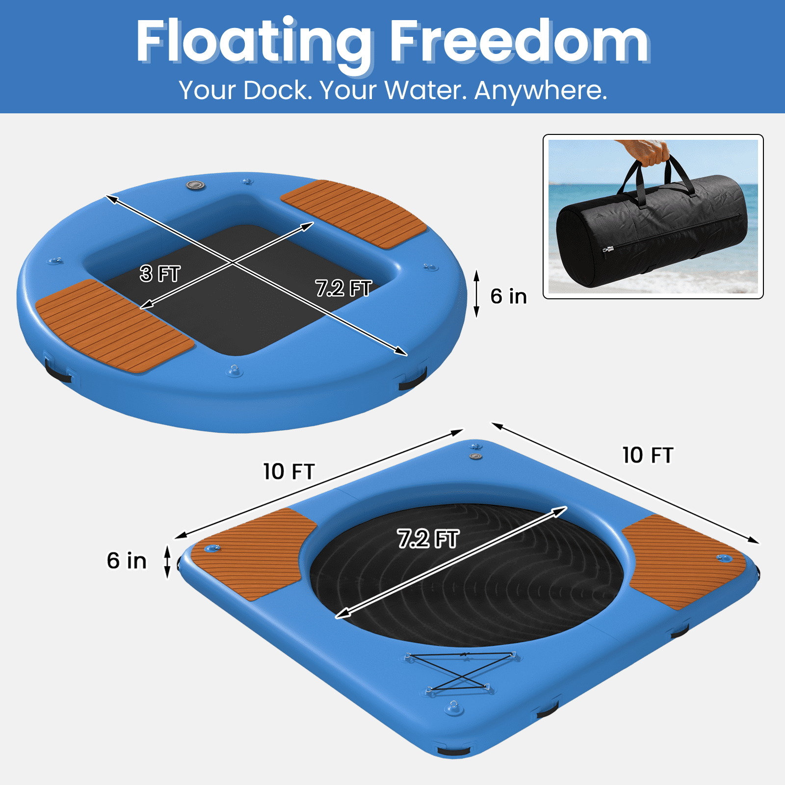Bezliving 2 in 1 Inflatable Floating Dock Platform, Square EVA Traction Deck with Mesh Swim Net and Inner Floating Island, 6 in Thick, D Rings, Boat Swim Platform for Lake and Pool