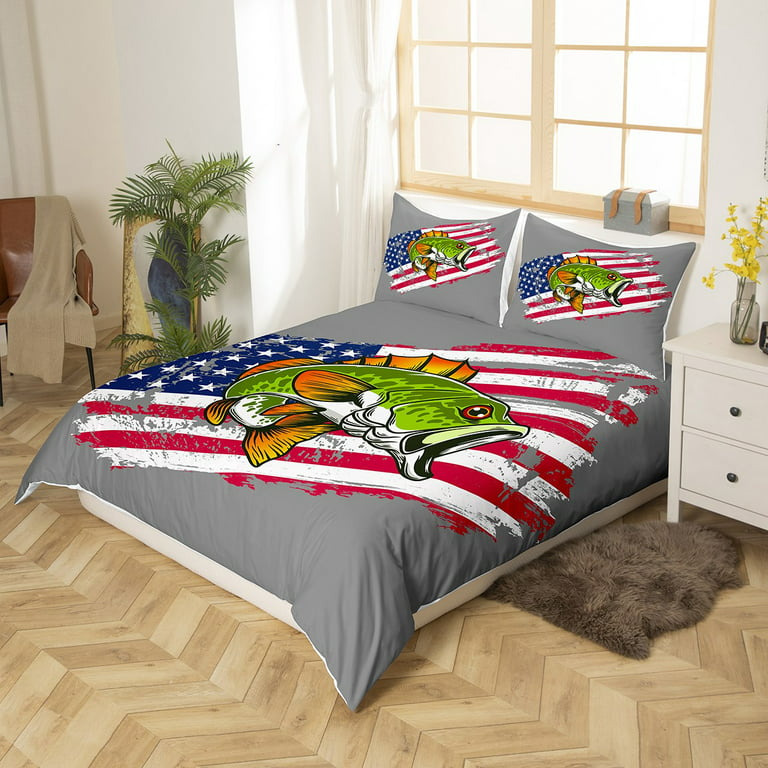 YST American Flag Fishing Comforter Cover Queen Size Big Bass Fish
