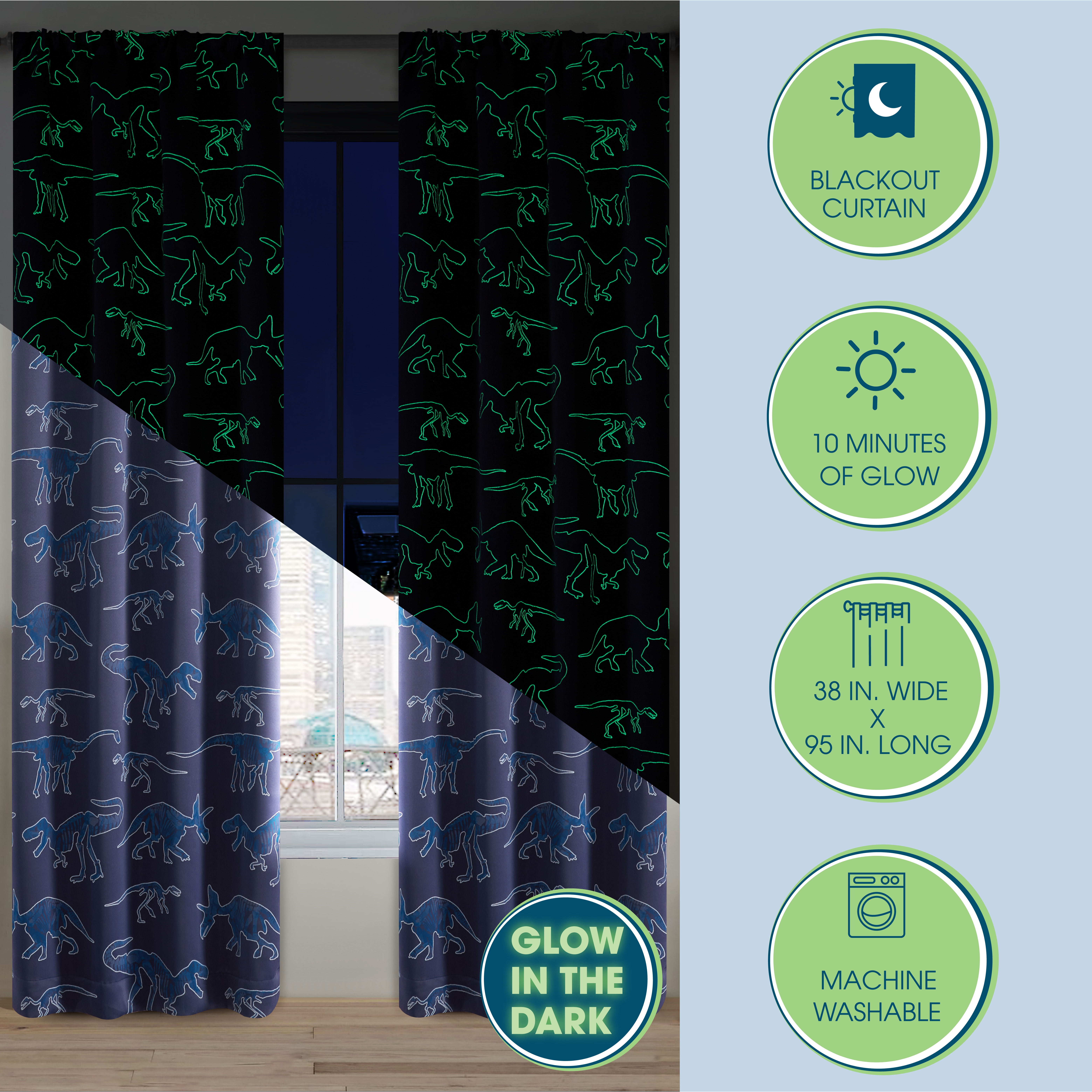 Your Zone Blackout Curtain Panel with Glow in the Dark Print, 1 Panel, Dinosaur Blue, 37 in W x 95 in L