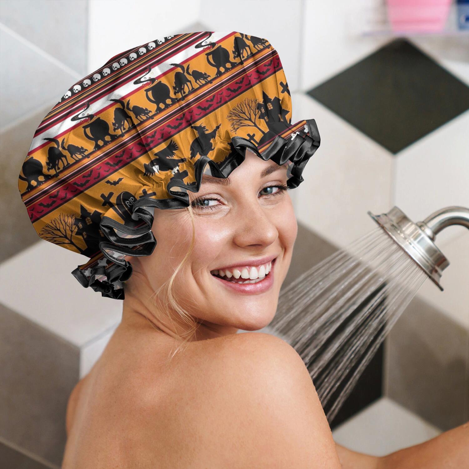 Shower Caps,Halloween Stripe Scene Pattern Waterproof Shower Cap for Women 4 Pieces,Double Reusable Hair Cover for Shower PEVA Elastic Stretch Hem