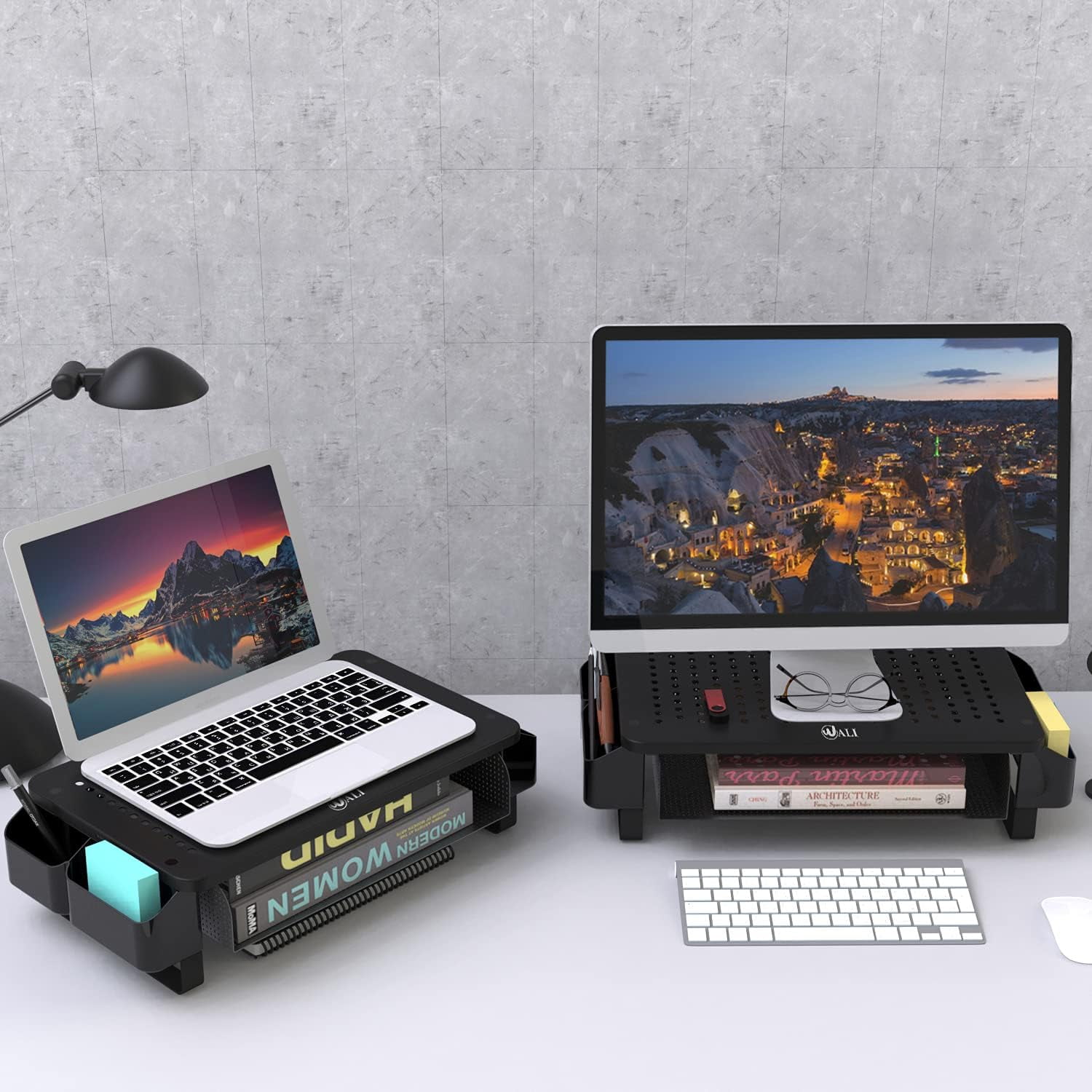 LUFF Monitor Stand Riser with Pullout Storage, Desk Organizer with Ventilation Drawer, Desktop Computer Stand with Pen Holder for Laptop, Computer, iMac, Black