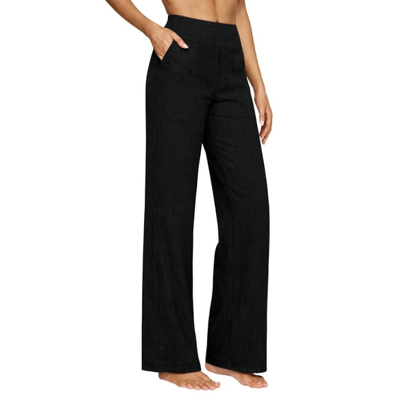 Yoga Pants Women Casual Cotton Linen High Waisted Wide Leg Pants Button Up Straight Leg Trousers Workout Clothes for Women
