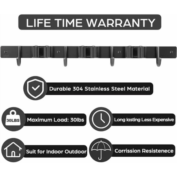 Broom Mop Holder Wall Mounted Metal Organizer With 3 Racks And 4 Hooks Hanger