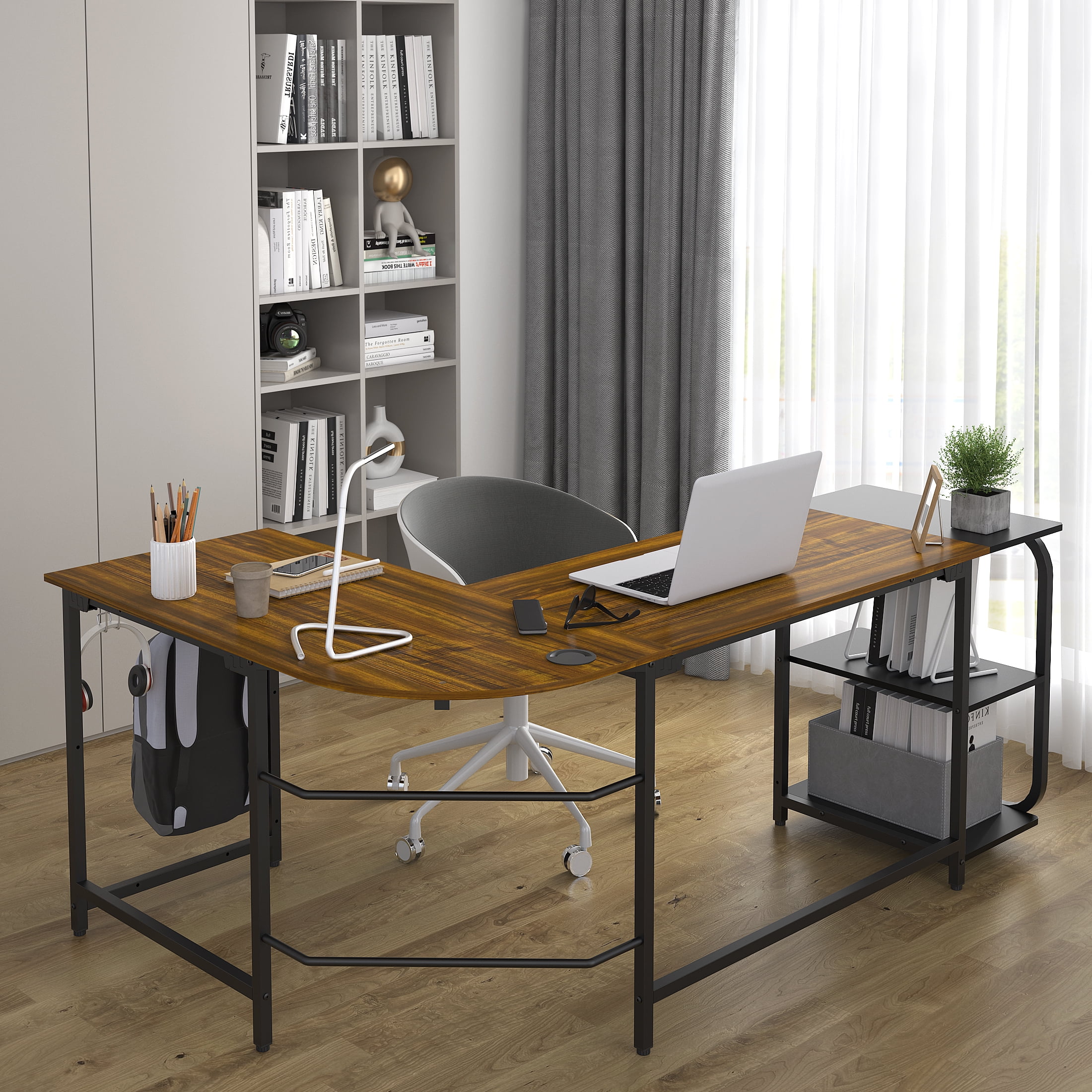 Yoneston Large 70" L-Shape Computer Desk with 2 Bookshelf Storage and Hooks, Home Office Workstation Table Furniture - Brown Teak