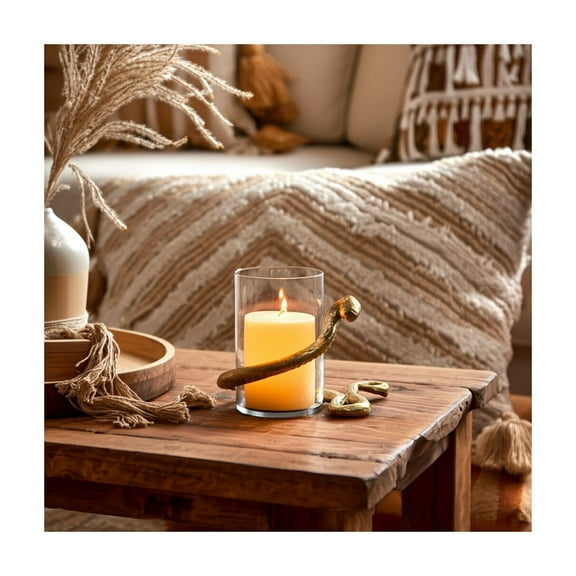 Candle Holder for Pillar & Taper Candles - Metal & Glass Boho Decor - Elegant Snake Design - Home, Office, Bedroom, Living Room Accent - 6" Gold